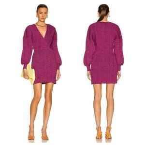 NEW Ganni Melange Knit Dress V-neck Short Blouson Sleeve PInk Size S